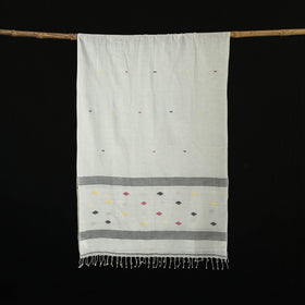 White - Burdwan Jamdani Handloom Cotton Stole with Tassels 05