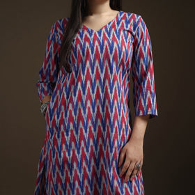 Pochampally Ikat Cotton Long Kurta with Palazzo & Dupatta Suit Set for Women 13