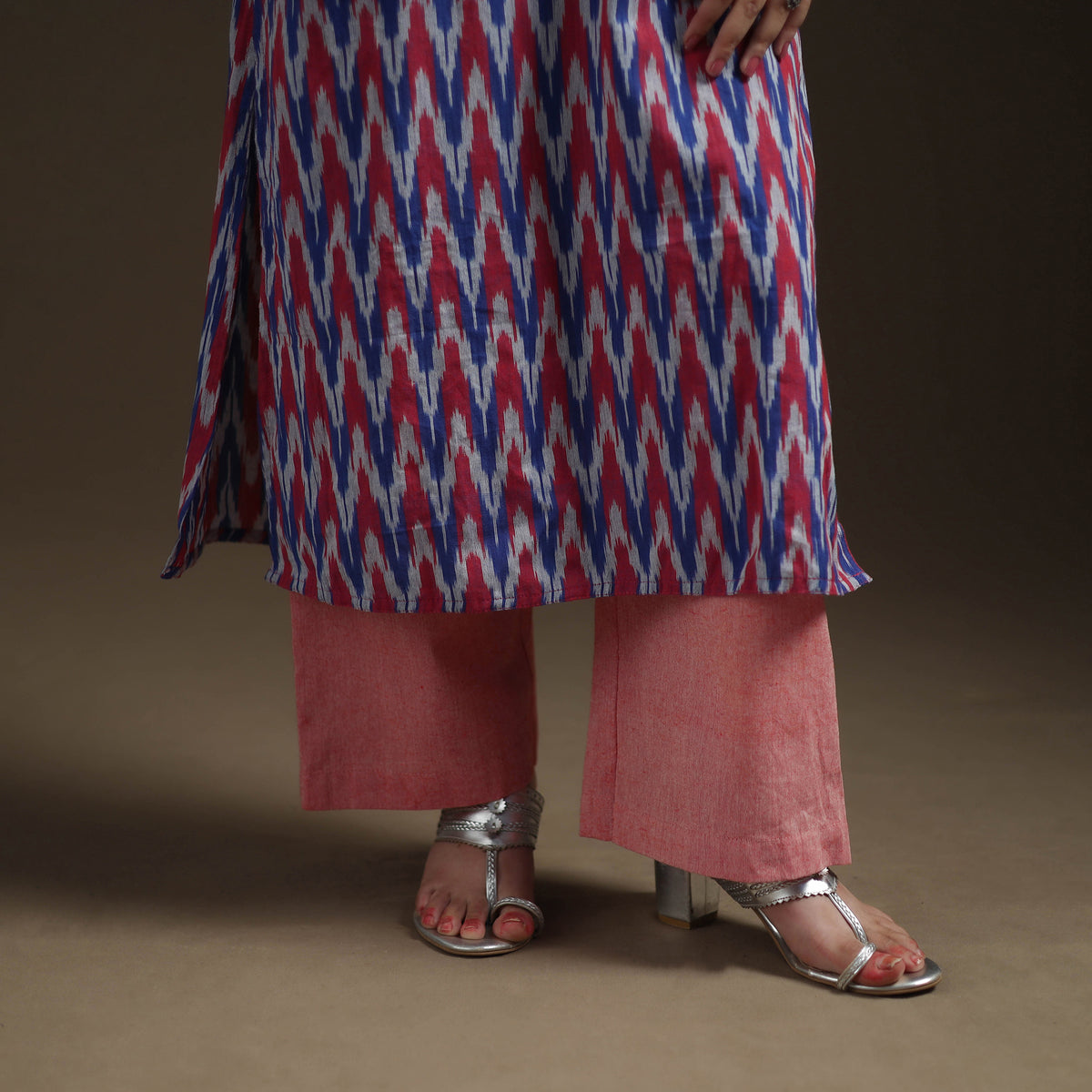 Pochampally Ikat Cotton Long Kurta with Palazzo & Dupatta Suit Set for Women 13