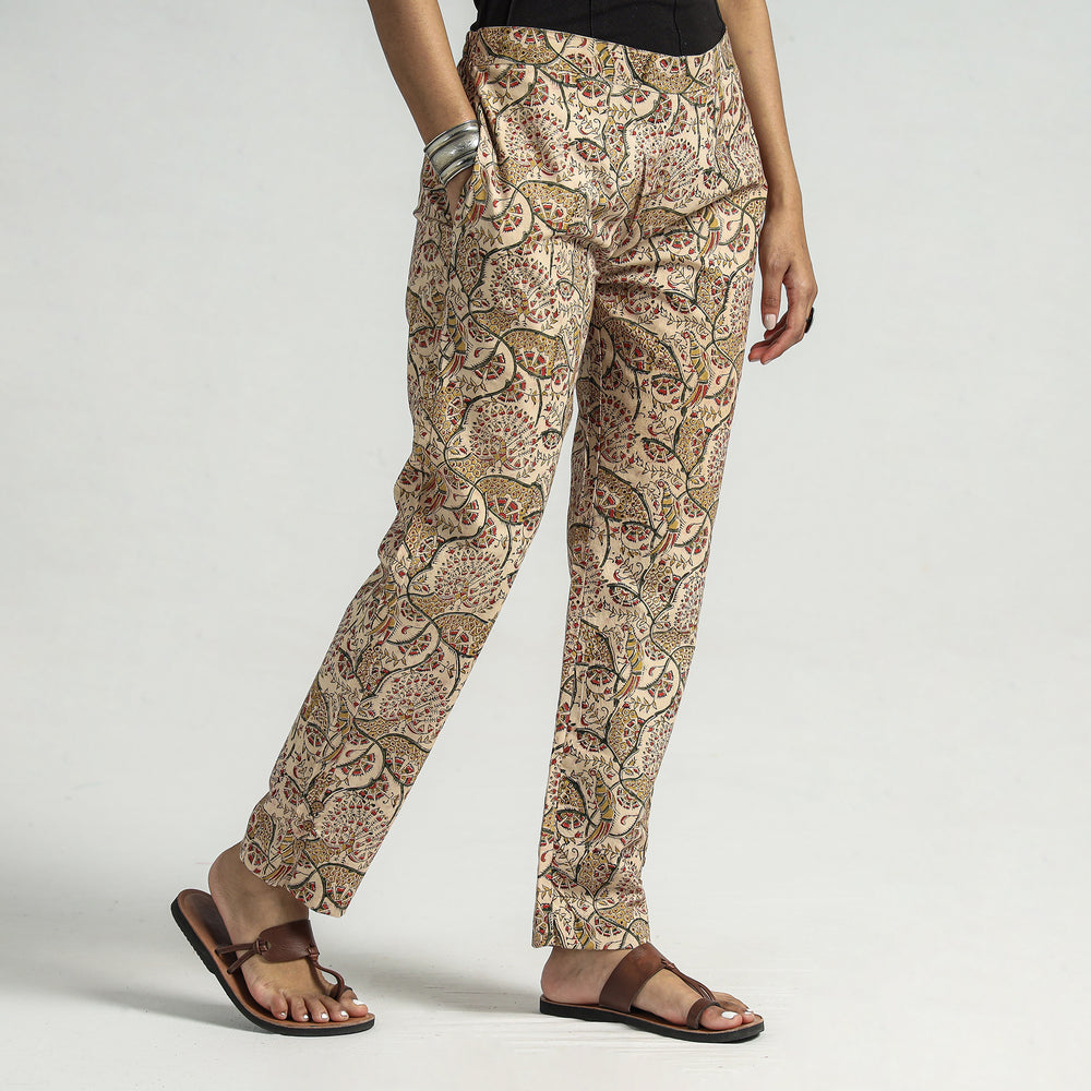 Beige - Kalamkari Block Printed Cotton Elasticated Pant