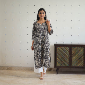 Black Block Printed Cotton Gota Work Long Bagru Kurta