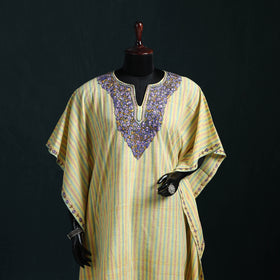 Yellow - Kashmiri Kashida Hand Embroidered Cotton Kaftan (Medium) 02