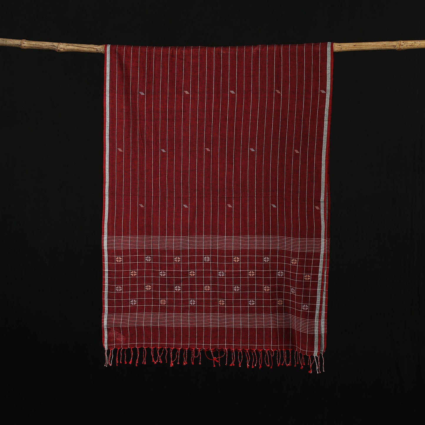 Maroon - Burdwan Jamdani Handloom Cotton Stole with Tassels 06