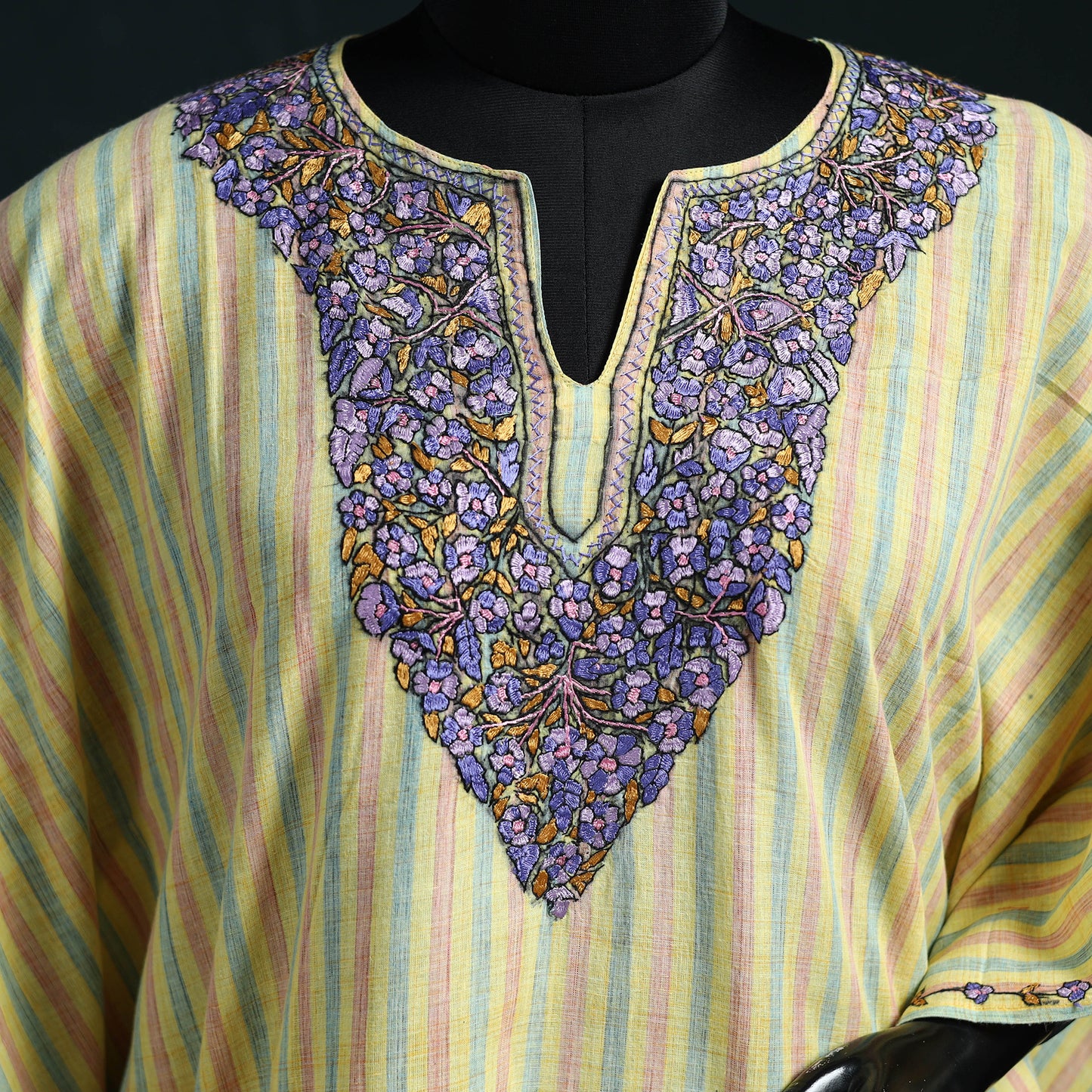 Yellow - Kashmiri Kashida Hand Embroidered Cotton Kaftan (Medium) 02