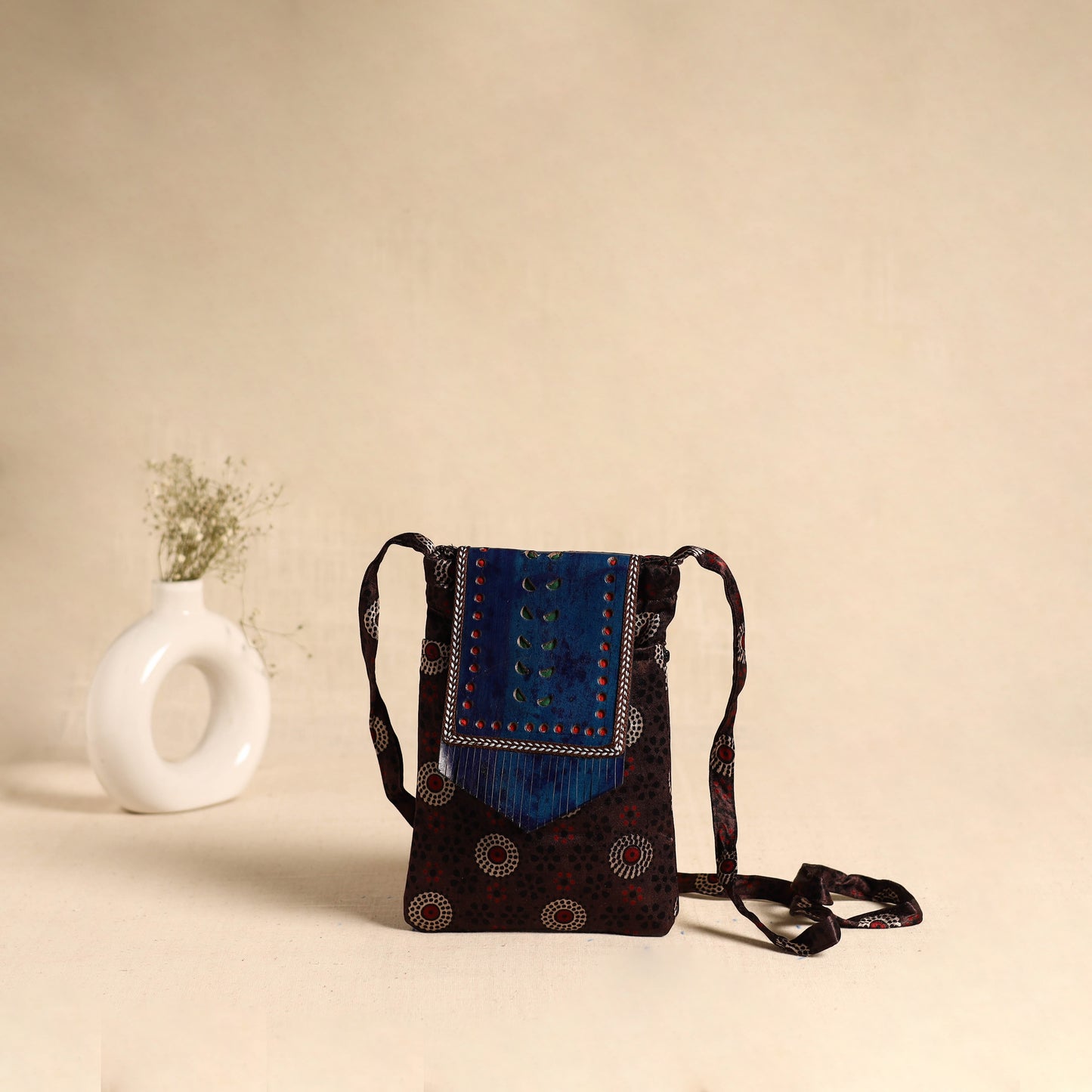 Traditional Kutch Mashru Silk Leather Flap Sling Bag 66
