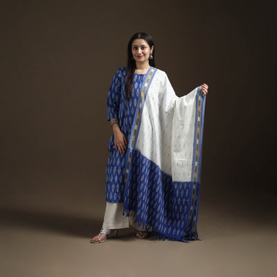 Blue - Pochampally Ikat Cotton Long Kurta with Palazzo & Dupatta Suit Set for Women 08