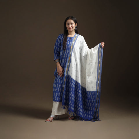 Blue - Pochampally Ikat Cotton Long Kurta with Palazzo & Dupatta Suit Set for Women 08