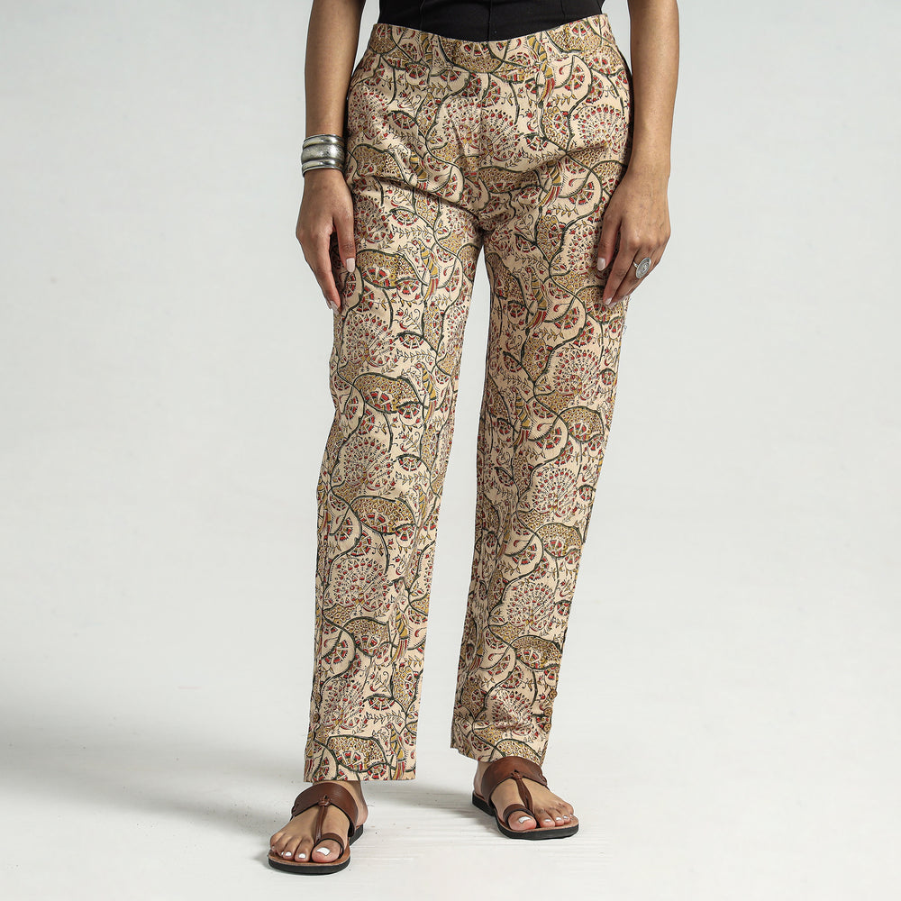 Beige - Kalamkari Block Printed Cotton Elasticated Pant