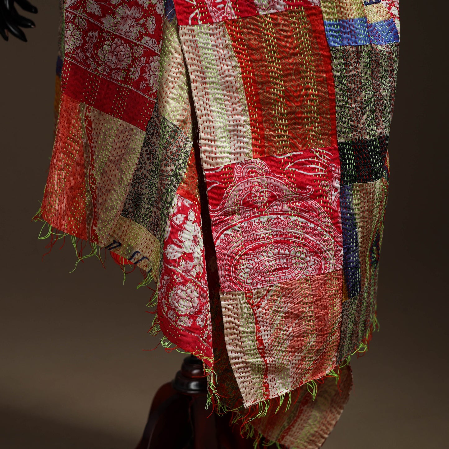 Multicolor - Bengal Hand Embroidery Patchwork Reversible Silk Kantha Dupatta 46