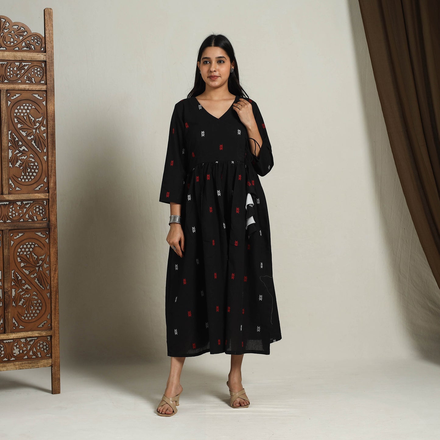 Black - Flared Cotton Angrakha Jacquard Dress 12