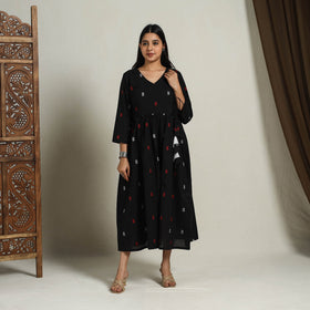 Black - Flared Cotton Angrakha Jacquard Dress 12