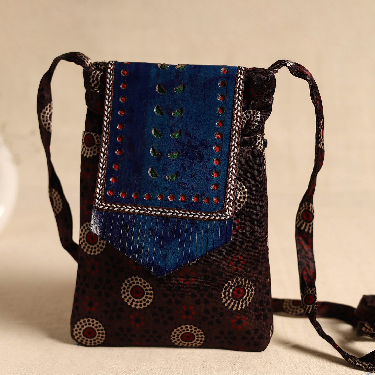 Traditional Kutch Mashru Silk Leather Flap Sling Bag 66