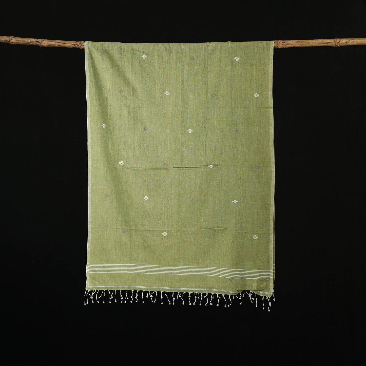 Green - Burdwan Jamdani Handloom Cotton Stole with Tassels 08