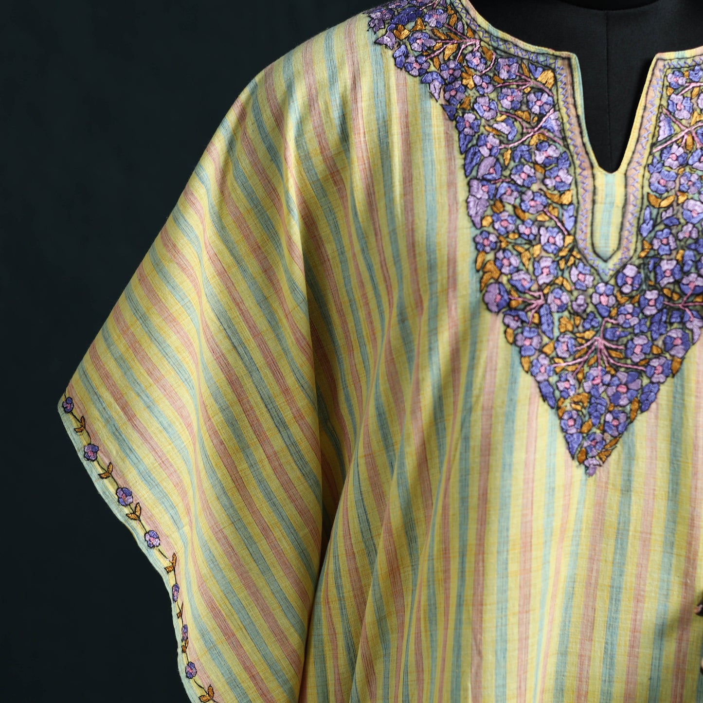 Yellow - Kashmiri Kashida Hand Embroidered Cotton Kaftan (Medium) 02