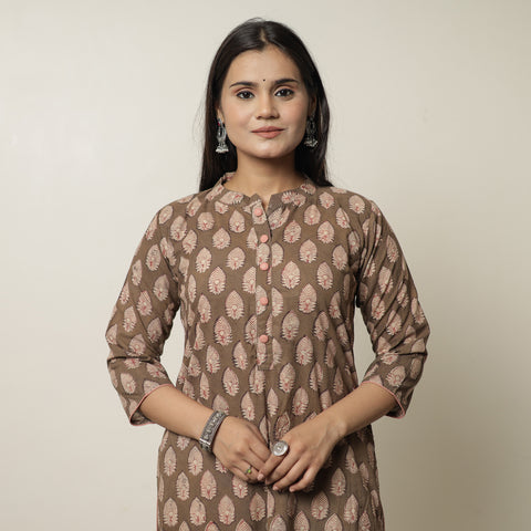 Brown - Akola Hand Block Printed Cotton Long Straight Kurta 16