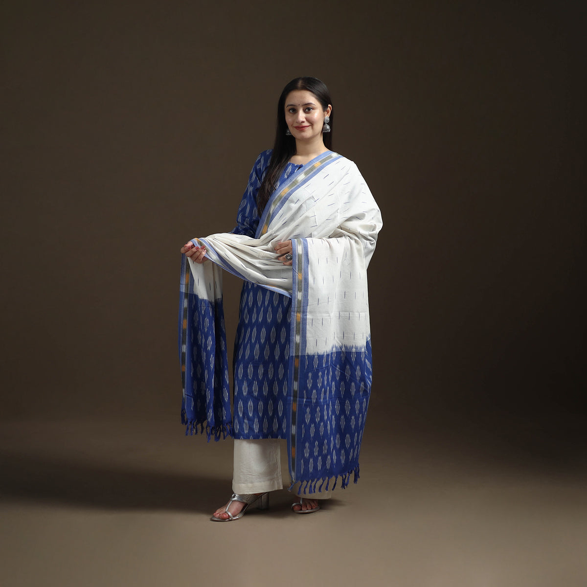 Blue - Pochampally Ikat Cotton Long Kurta with Palazzo & Dupatta Suit Set for Women 08
