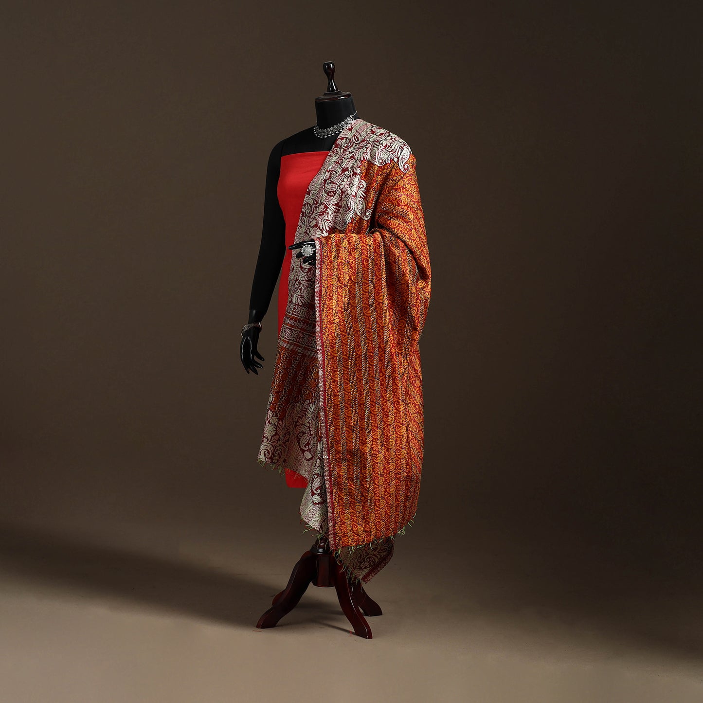 Multicolor - Bengal Hand Embroidery Patchwork Reversible Silk Kantha Dupatta 46