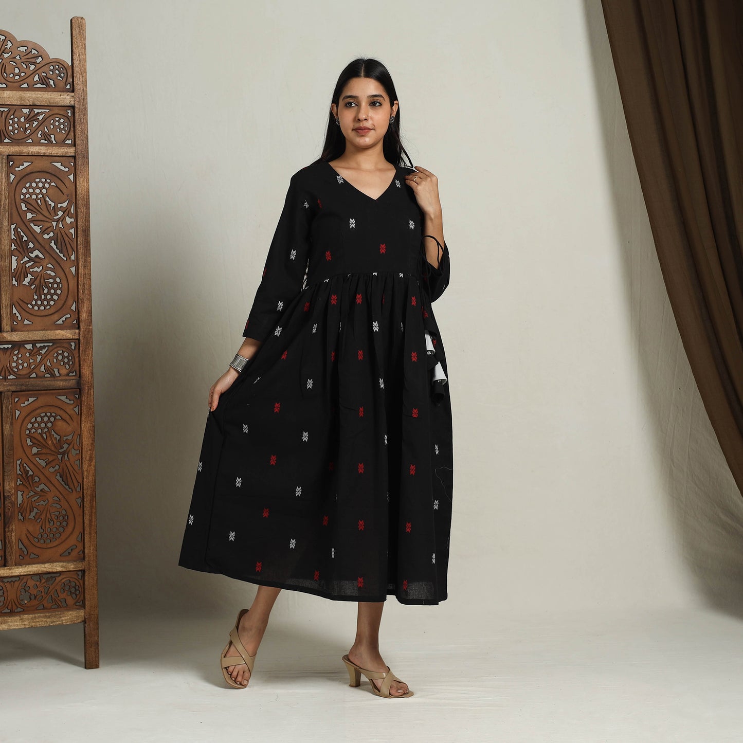 Black - Flared Cotton Angrakha Jacquard Dress 12