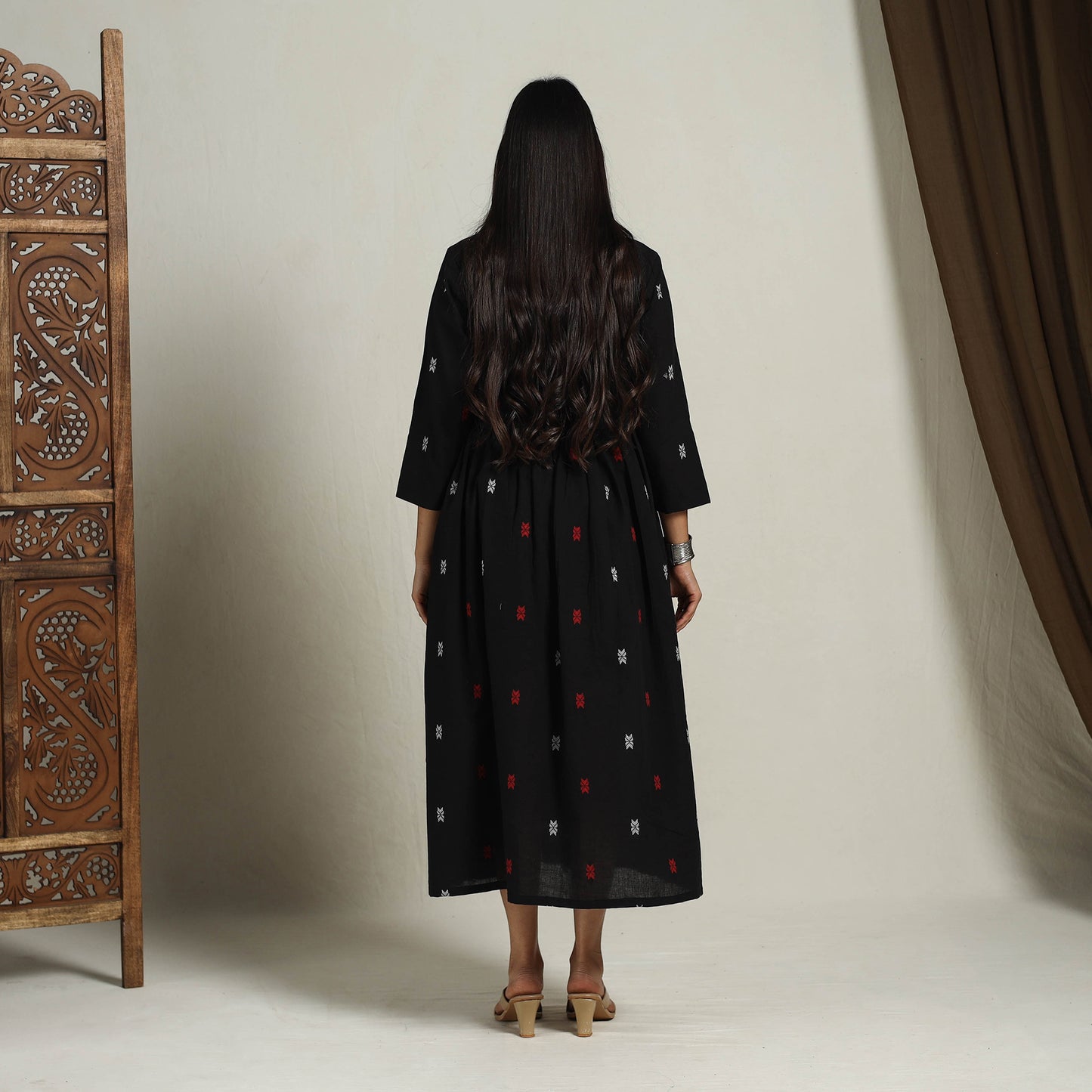 Black - Flared Cotton Angrakha Jacquard Dress 12