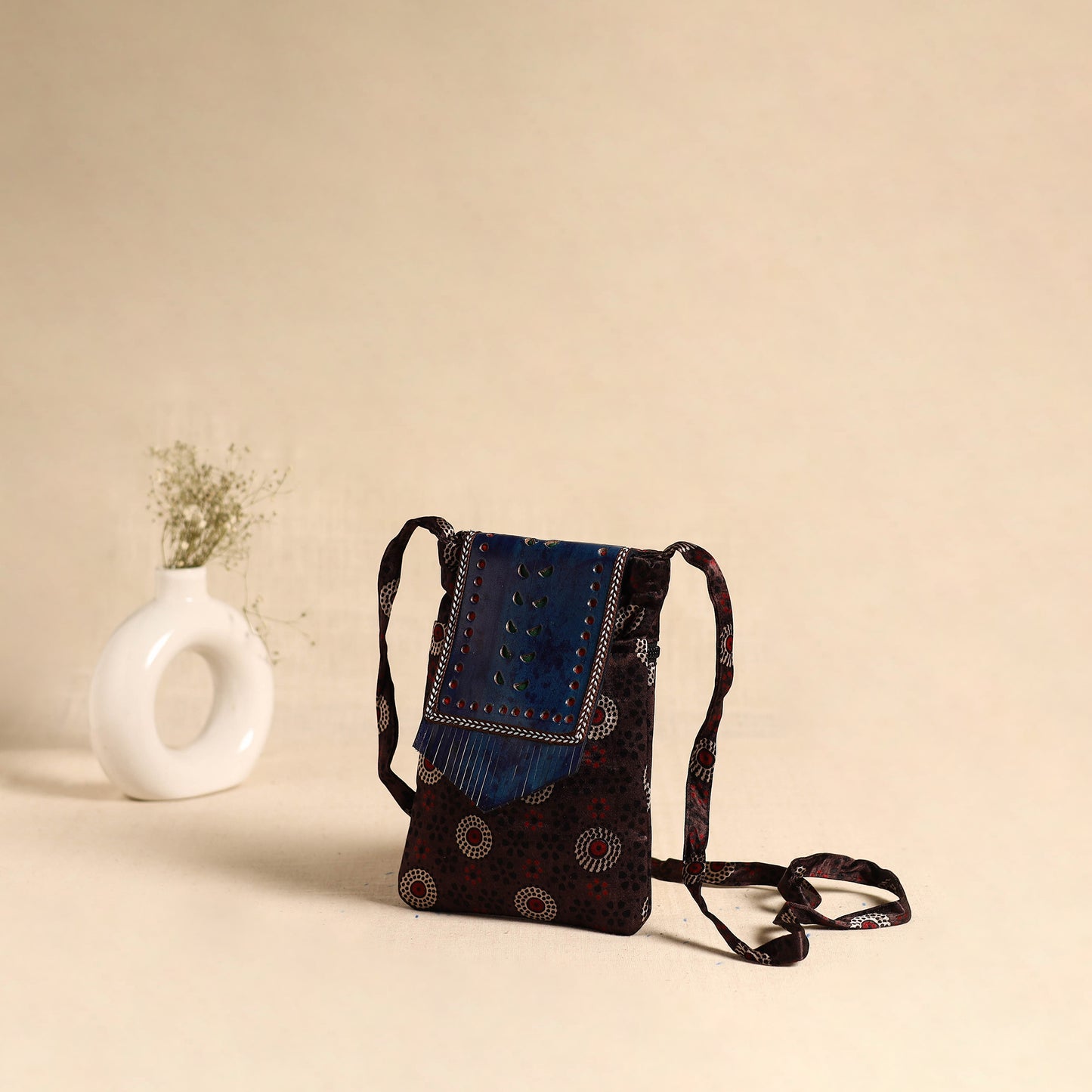 Traditional Kutch Mashru Silk Leather Flap Sling Bag 66