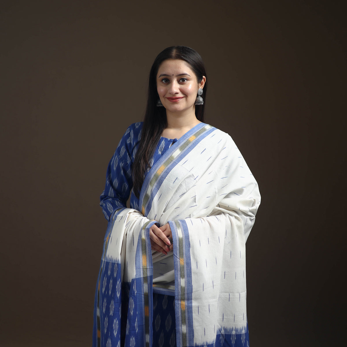 Blue - Pochampally Ikat Cotton Long Kurta with Palazzo & Dupatta Suit Set for Women 08