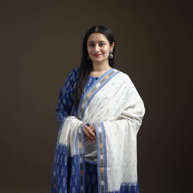 Blue - Pochampally Ikat Cotton Long Kurta with Palazzo & Dupatta Suit Set for Women 08