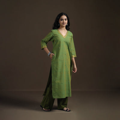 Green - Mangalagiri Pure Handwoven Cotton Mirror Work Straight Kurta for women 25