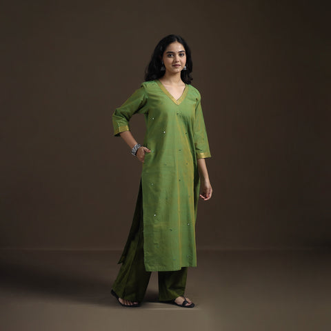 Green - Mangalagiri Pure Handwoven Cotton Mirror Work Straight Kurta for women 25