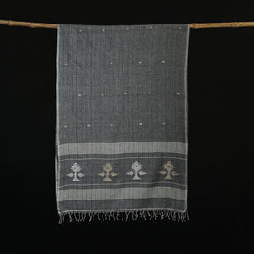 Grey - Burdwan Jamdani Handloom Cotton Stole with Tassels 11