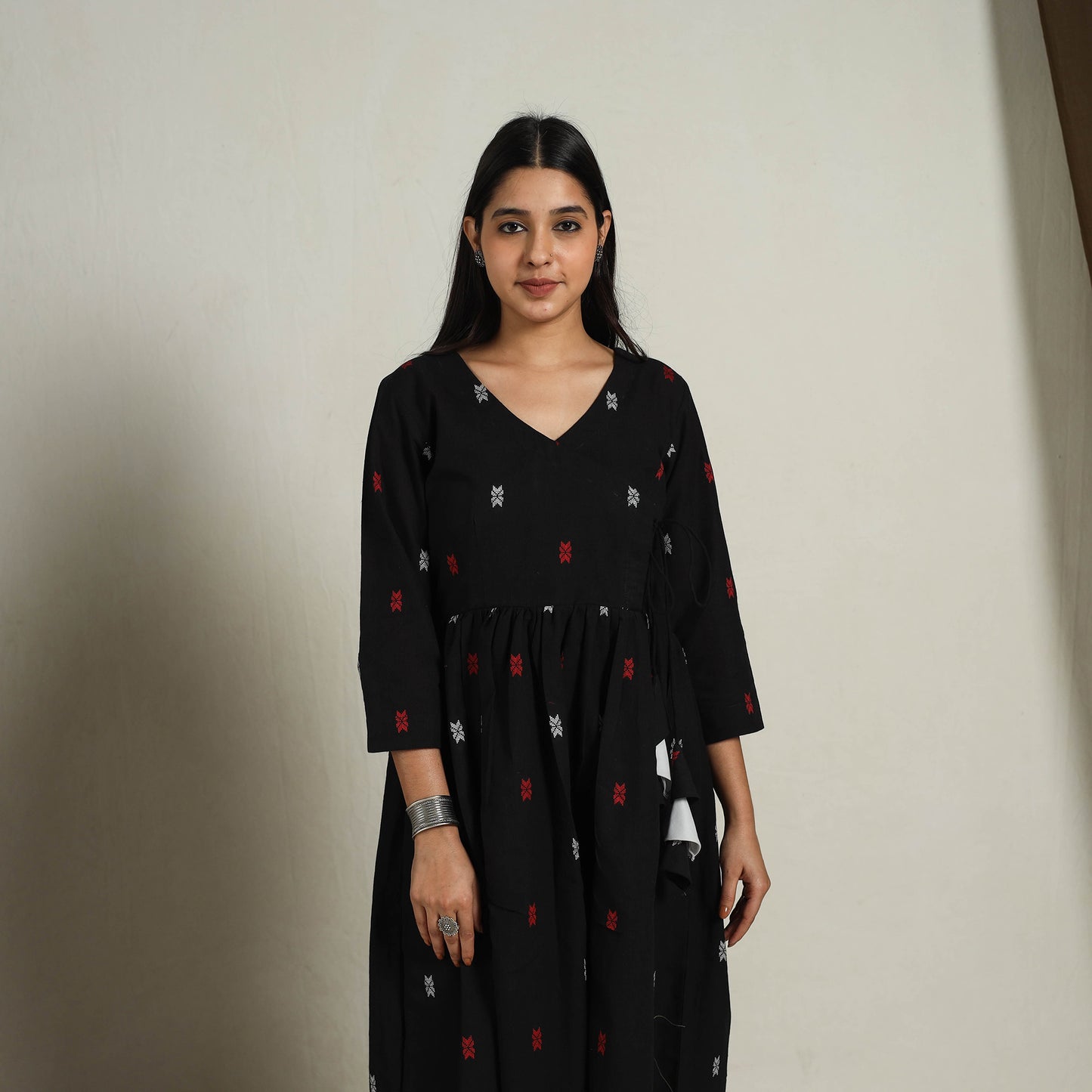 Black - Flared Cotton Angrakha Jacquard Dress 12