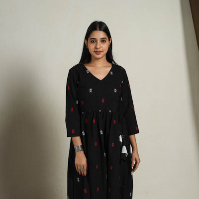 Black - Flared Cotton Angrakha Jacquard Dress 12