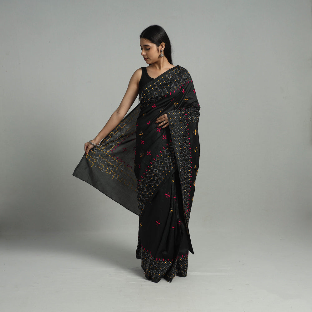 Black - Handcrafted Bengal Nakshi Kantha Work Silk Saree 32