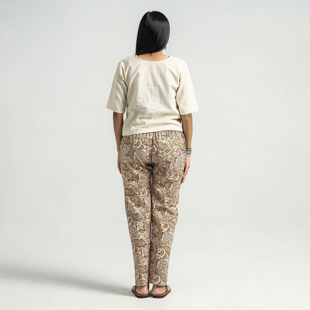 Beige - Kalamkari Block Printed Cotton Elasticated Pant