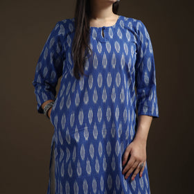 Blue - Pochampally Ikat Cotton Long Kurta with Palazzo & Dupatta Suit Set for Women 08