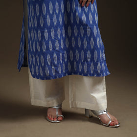 Blue - Pochampally Ikat Cotton Long Kurta with Palazzo & Dupatta Suit Set for Women 08