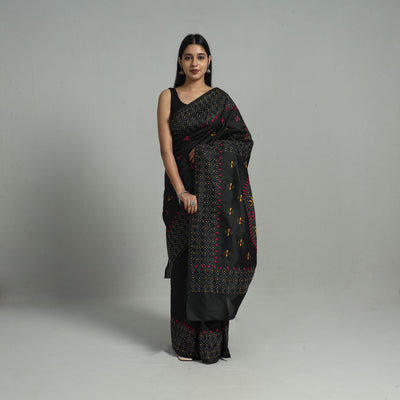 Black - Handcrafted Bengal Nakshi Kantha Work Silk Saree 32