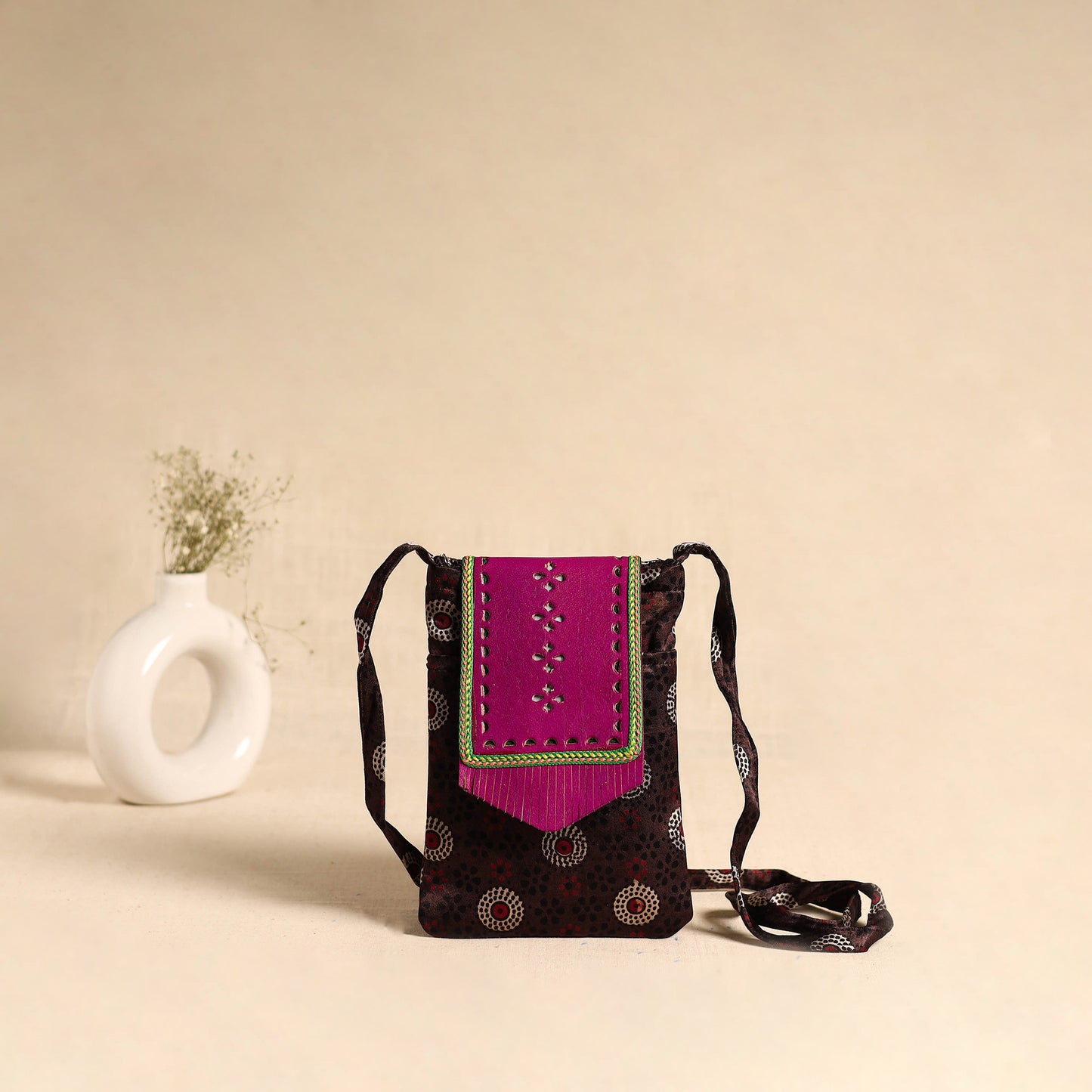 Traditional Kutch Mashru Silk Leather Flap Sling Bag 67