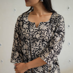 Black Block Printed Cotton Gota Work Long Bagru Kurta