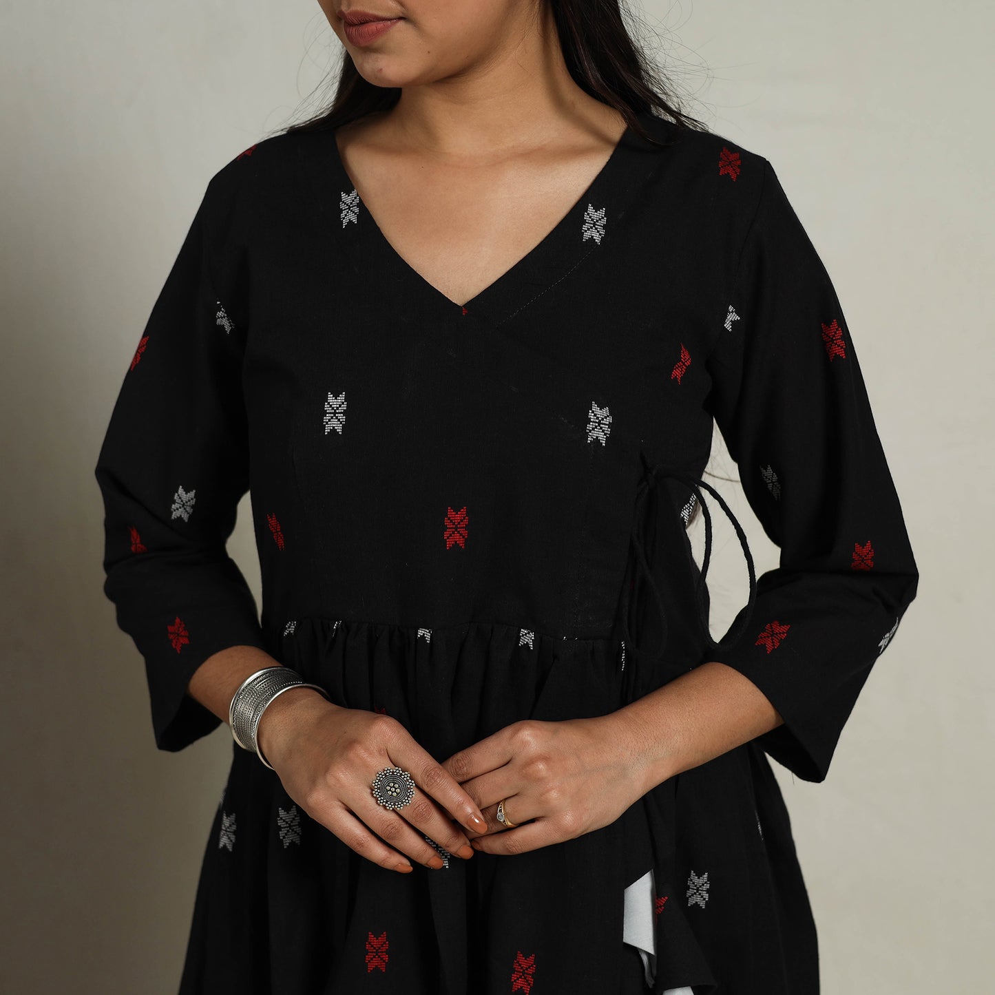 Black - Flared Cotton Angrakha Jacquard Dress 12