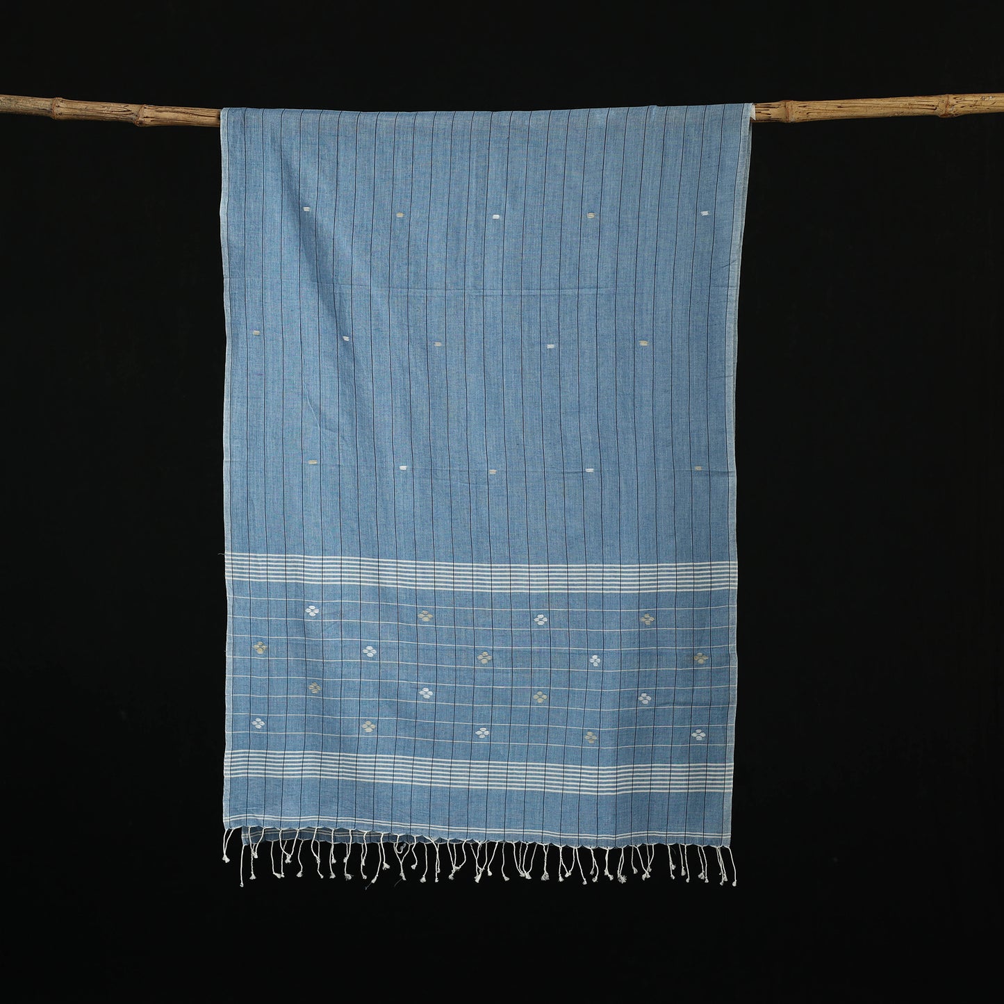 Blue - Burdwan Jamdani Handloom Cotton Stole with Tassels 12