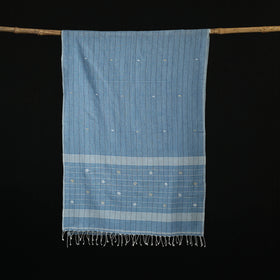 Blue - Burdwan Jamdani Handloom Cotton Stole with Tassels 12