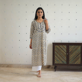 Beige Block Print Cotton Gota Work Long Ajrakh Kurta for Women