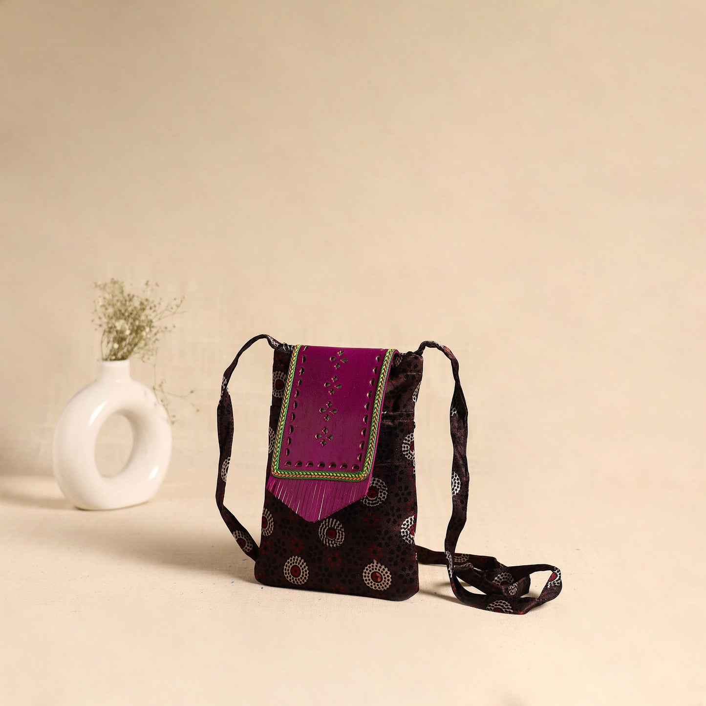 Traditional Kutch Mashru Silk Leather Flap Sling Bag 67