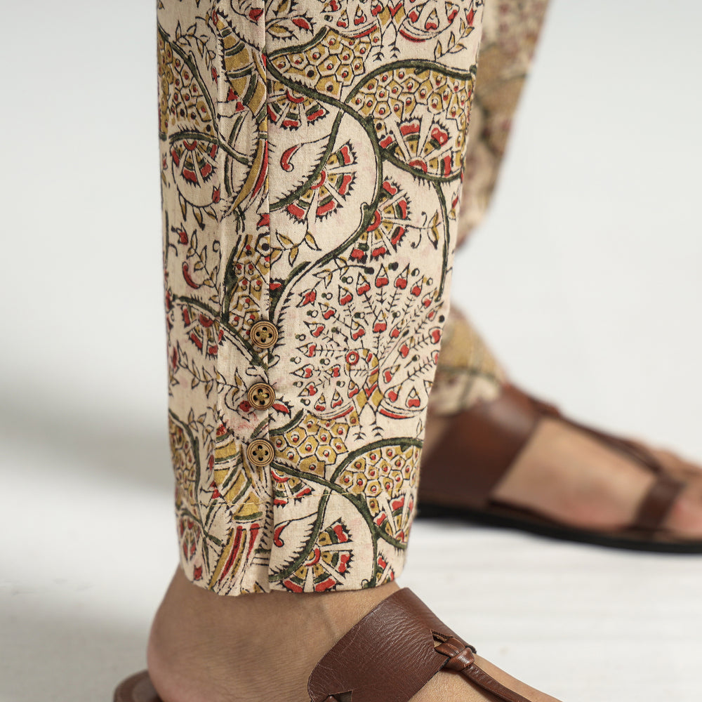 Beige - Kalamkari Block Printed Cotton Elasticated Pant