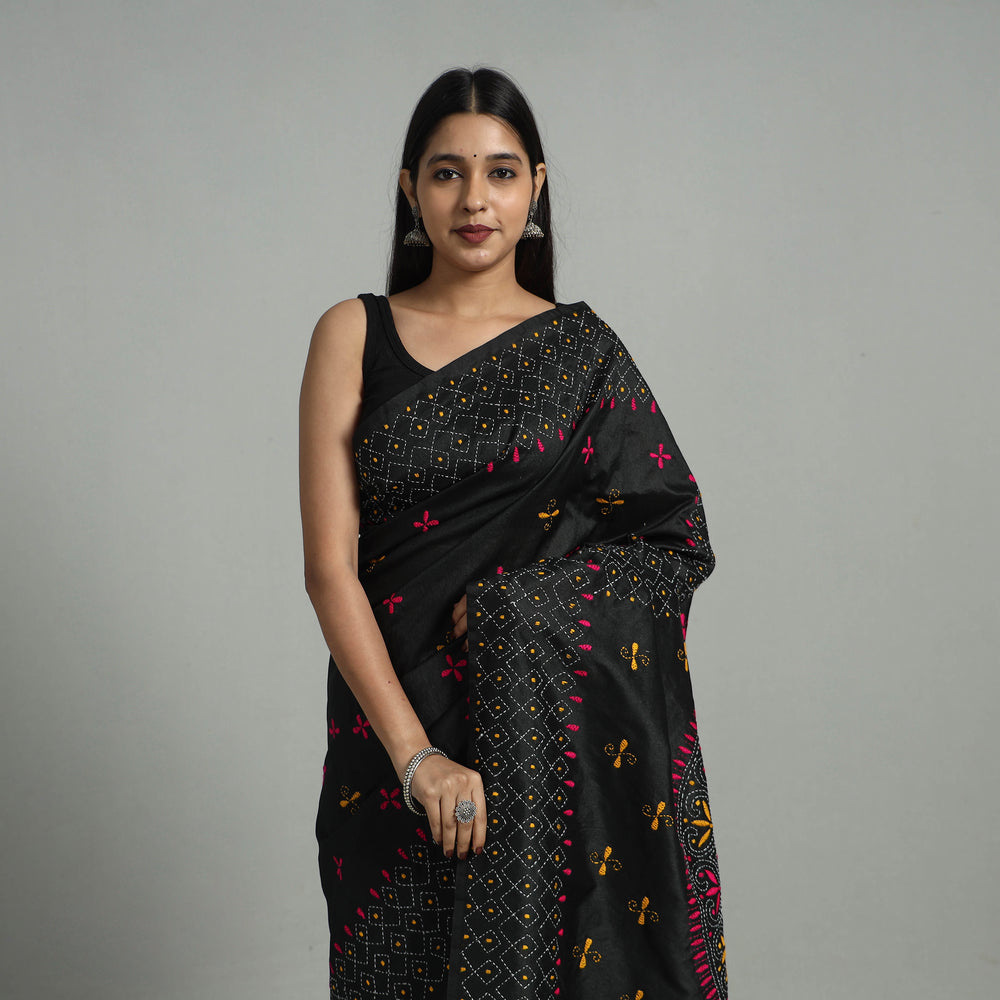 Black - Handcrafted Bengal Nakshi Kantha Work Silk Saree 32