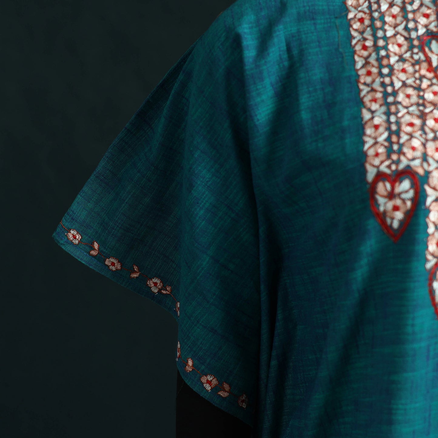 Blue - Kashmiri Kashida Hand Embroidered Cotton Kaftan (Medium) 03
