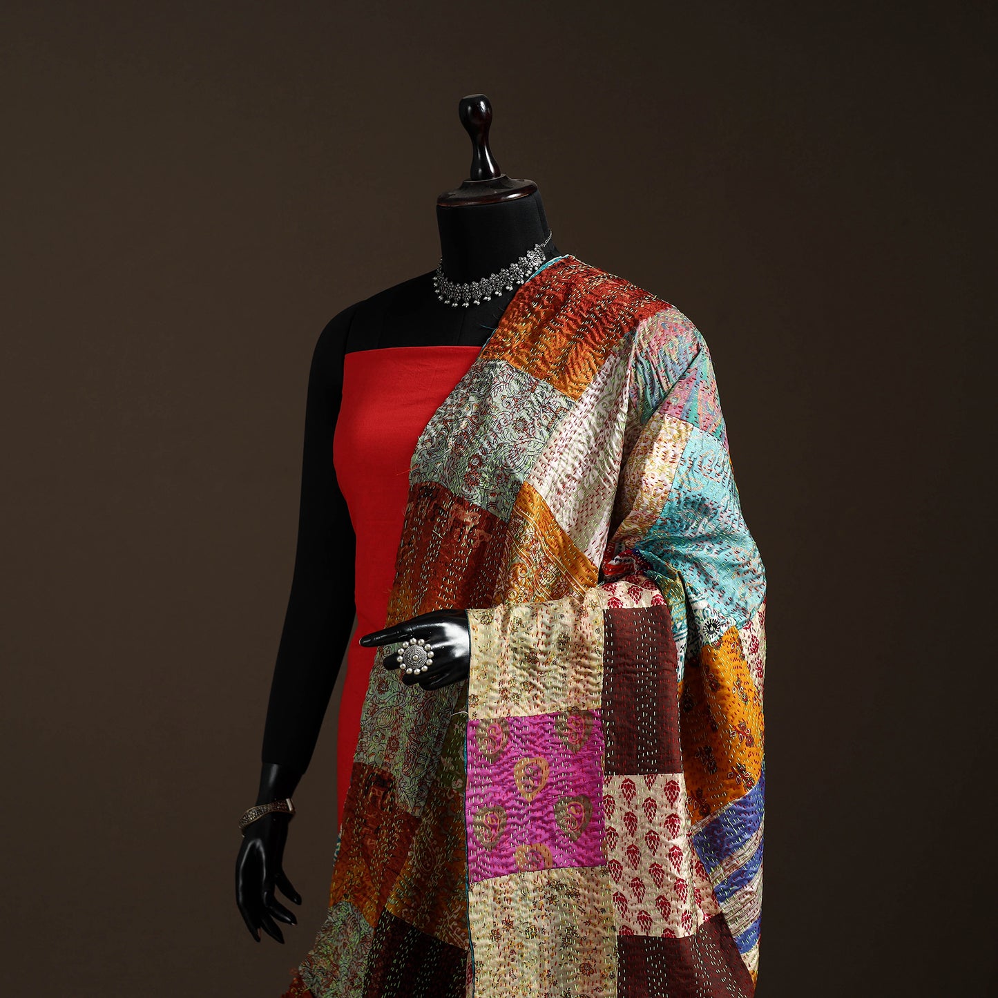 Multicolor - Bengal Hand Embroidery Patchwork Reversible Silk Kantha Dupatta 48