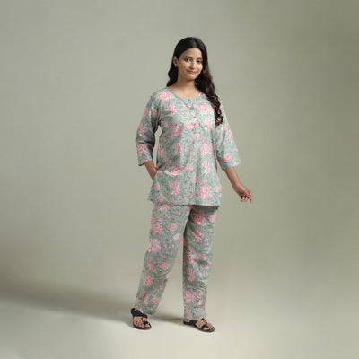 Sanganeri Floral Printed Cotton Night Suit for Women 13