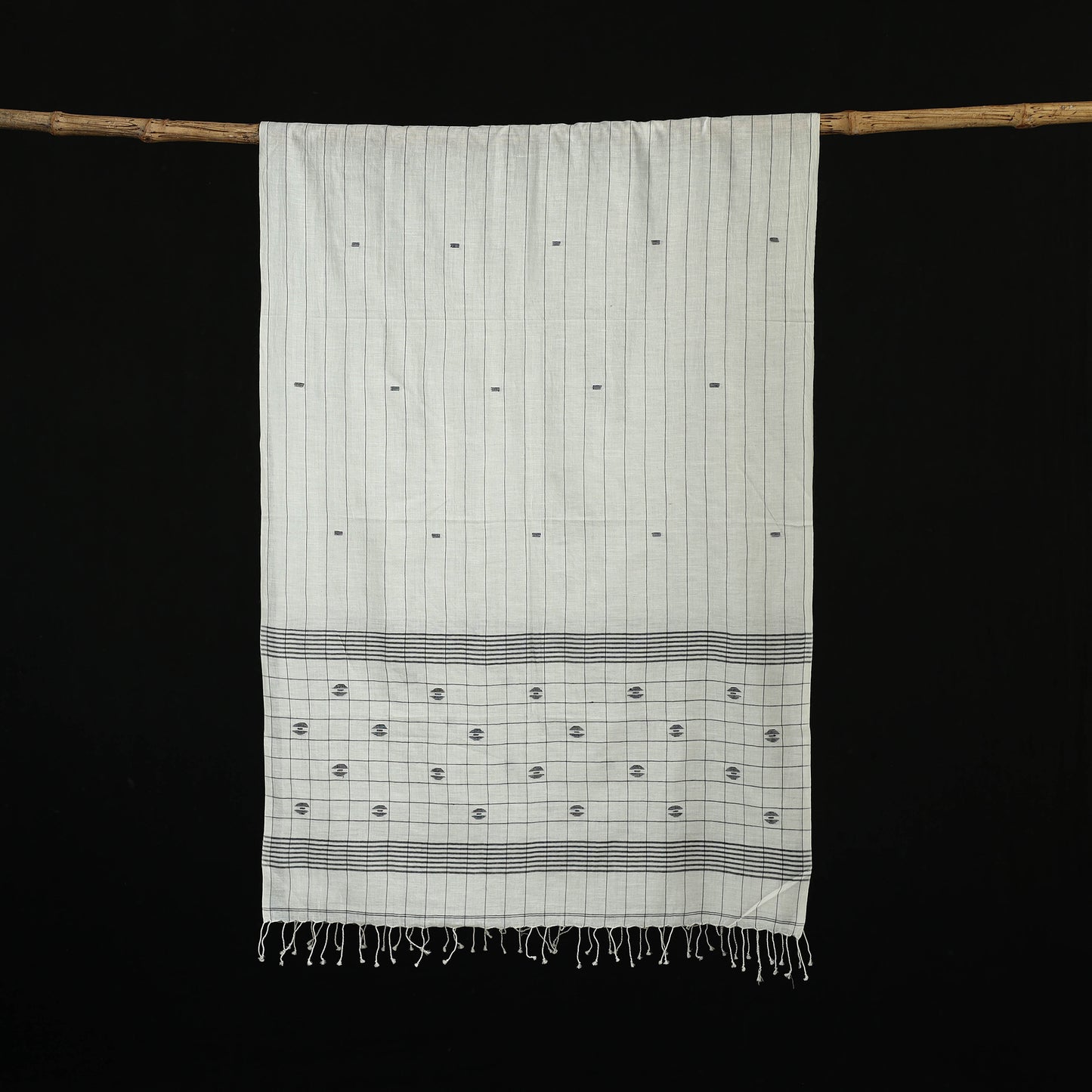 White - Burdwan Jamdani Handloom Cotton Stole with Tassels 16
