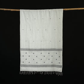 White - Burdwan Jamdani Handloom Cotton Stole with Tassels 16